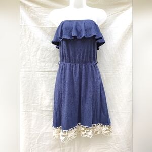 Y2K Red Camel Babydoll Tube Top Mini Dress Ruffle Blue Medium Fairy Boho Cottage